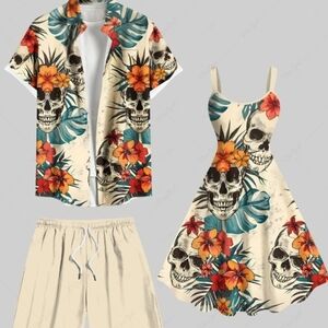 Couples Tropical Skull Print Shirt and Dress Set